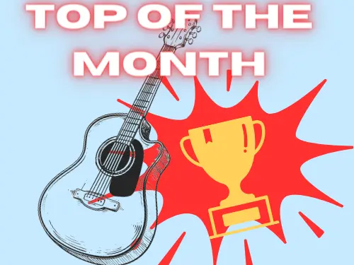 A guitar next to a cup prize, below the Top of the Month.