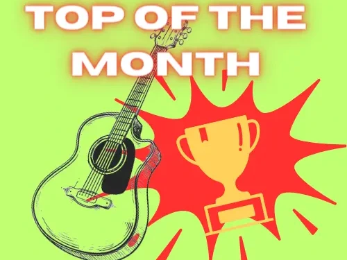 A guitar next to a cup prize, below the Top of the Month