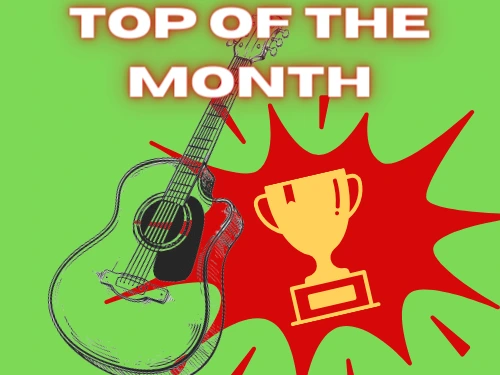 A guitar near a champion cup, and the writting "Top of the Month", on the front of a springy colour background